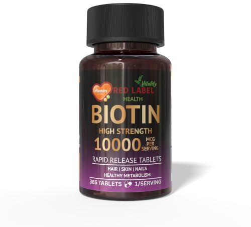 Red Label Health Biotin Hair Growth Supplement 10000mcg - 365 Vegan Tablets (1 Year Supply) - Hair Skin & Nails Vitamins for Women & Men - High Absorption D-Biotin - Hair Growth Vitamins