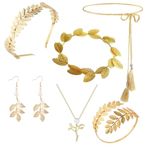 6-Piece Set Greek Goddess Accessories, Greek Goddess Costume Women, Goddess Crown, Greek Goddess Costume Girls, Hairband, Leaf Hairband, Armband, Belt, Necklace For Party Bridal Wedding Halloween