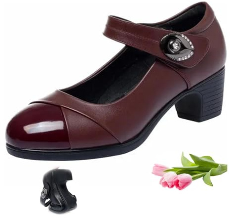 Chaussures orthopédiques Mary Jane en cuir avec bouton diamant et semelle souple - Confortables - Pour femme d'âge moyen - Talon compensé épais - Chaussures de marche pour femmes âgées, Rouge, 42.5 EU