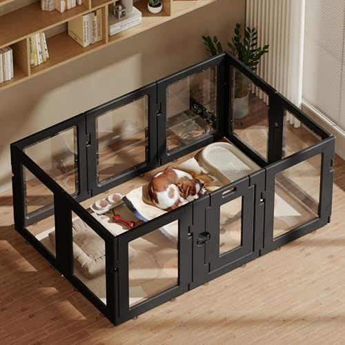 Hoencraft Clear Acrylic Dog Playpen with Door, Puppy Playpen for Indoor Use with Heavy Duty Door Lock, Easy Assemble Pet Pen Fence for Small Dogs and Puppies (Black, 24 in-H, 10 Panel)