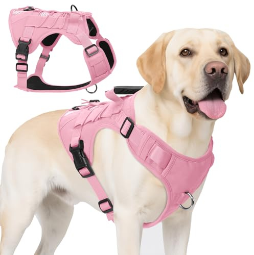 AKOFIC Taktisk hundsele medelstora stora hundar, anti-drag-hundsele okrossbar med handtag, justerbart ventilerande sele hund för hundar, träning, promenader (rosa, M)