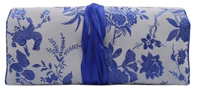 Organisateur de voyage pour bijoux en brocart bleu, sac de rangement pour bijoux brodés, rouleau de rouleau de bibelots