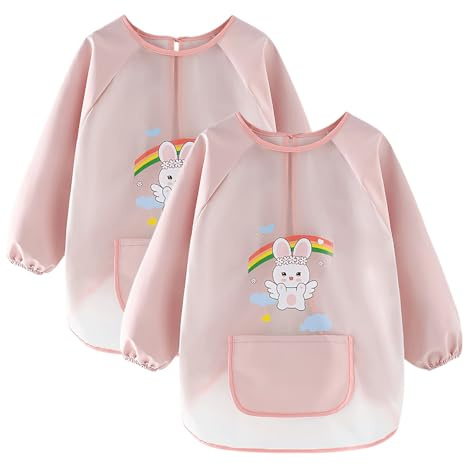 Astralong 2 Piezas Bata Pintura Niños 8-12 Años Impermeable, Delantal Infantil con Mangas Largas y Bolsillos, Babis Escolar TPU Seguro y Fácil de Limpiar para Pintar Manualidades y Cocina, Rosa