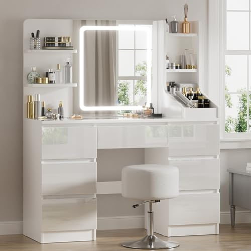 TRIUMPHKEY Dressing Table, Vanity Desk with LED Mirror, Adjustable Brightness, Modern Vanity Table with 7 Drawers, 4 Shelves and 3 Open Compartments for Bedroom, 108x40x139cm (High Gloss White)