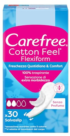 Carefree Salvaslip Cotton Feel Flexiform Senza Profumo 30 Pezzi, Salva slip donna traspiranti, Proteggi slip per ogni mutandina, tanga e perizoma, Extra morbidezza, Delicati sulla pelle