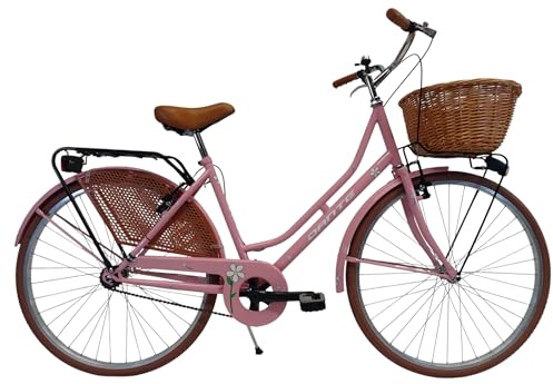 CICLI DANTE - Bicicletta donna da città per passeggio Olanda 26, classica stile retrò ad una velocità, con particolati miele e cestino anteriore in vimini (Rosa pastello)