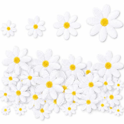 60 PCS Daisy Flower Iron on Patches in 4 Assorted Sizes White Daisy Embroidered Sew on Applique for Clothes Repair Decorative Flower Patches for Jeans Bags Hats and DIY Craft Projects