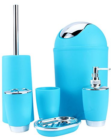 GOTOTOP Set da Bagno, 6 Pezzi, Dispenser di Sapone, portaspazzolino, Bicchiere, portasapone, Set di spazzolini per WC, Secchio per Cosmetici (Blu)