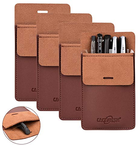 Cacturism Pocket Protector, 4 Pack Premium PU Leather Men Women Pen Holder Pouch Pocket Organizer For Shirts, Lab Coats, Pants; Multi-Purpose-Holds Pens, Pointers, Pencils, Ruler, Tools (Brown 4 Pcs)