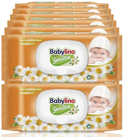 Babylino Sensitive Lingettes au délicat parfum de Camomille, Formule 98% Naturelle qui restaure le pH naturel de la peau, 16 paquets avec capot refermable, 864 lingettes