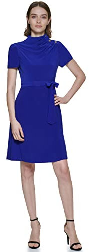 DKNY Damen Short Sleeve Funnel Neck With Belt Dress, Berry Blue, 40 EU