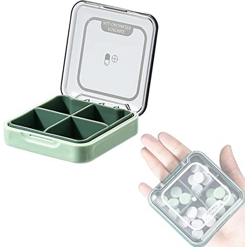 Tablettenbox, DKDDSSS Pillendose Klein Tablettendose, 4 Fächer Pillendose Wasserdichte Medikamentenbox für Vitamin, Fischöl, Medikamente (Grün)