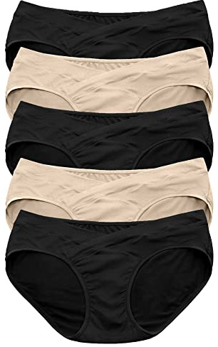 Kindred Bravely Under the Belly Bikini Maternity Underwear for Women and Postpartum Underwear 5 Pack (Black/Beige, Large)
