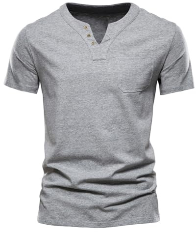 HOTIAN Henley - Maglietta da uomo con scollo a V, estiva, per il tempo libero, a maniche corte, slim fit, grigio., L