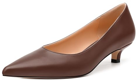 RLYGHWAO Women's Classic Pointed Toe Pumps Low Kitten Heels Fashion Comfortable Slip on Matte Solid Shoes 1.3 inch, Dark Brown Matte, 9 UK