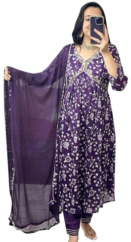 IMTRA FASHION Set Kurti da donna etnico indiano stampato con abito tunica Dupatta, Viola, X-Large