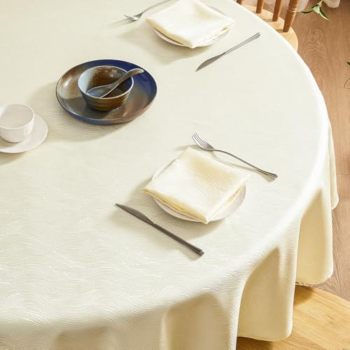 Softalker Mantel Exterior Antimanchas Redondo 140 cm de diámetro Beige Manteles de Jacquard a Rayas Repelente al Agua Protege la Mesa para Comedor,Cocina,Cumpleaños,Festivos,Fiesta,Picnic,1 Pieza