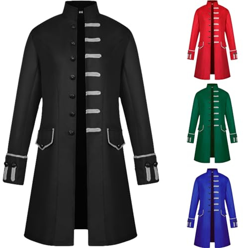 OPAEHJF Men's Gothic Steampunk Medieval Vintage Coat Frock Uniform Costume Single Breasted Trench Coat Autumn Casual Overcoat for Halloween Party (Black, 3XL)