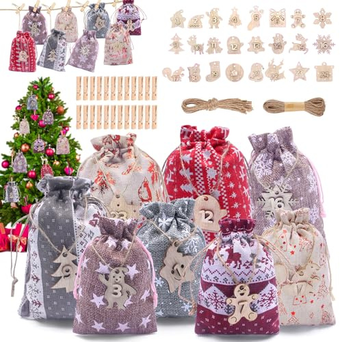 HOVIBU 24-delad adventskalender för fyllning och upphängning, tygpåsar, gör-det-själv-fyllningskalender för barn och vuxna