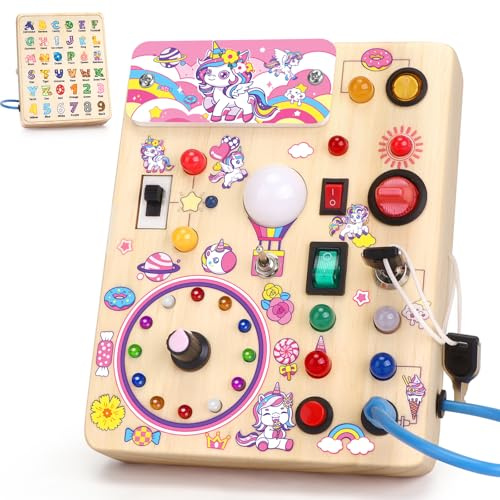 Unicorn Montessori Busy Board per bambini da 1 anno di età giocattolo in legno con 10 interruttori e 23 luci a LED Consiglio sensoriale abilità motorie giocattolo per neonati e bambini da 1 2 3 anni