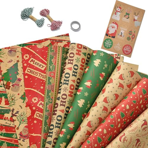 Dantolo Papel Regalo Navidad, 9 Hojas de 50x75 cm Papel de Regalo Kraft Navidad,Papel de Regalo Navideno (Rojo Christmas)