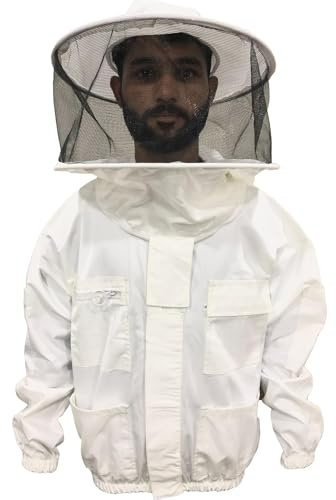 URBANSBEE Giacca da Apicoltura cotone professionale con rotondo Cappello Maschera Velo Beekeeping Jacket Apicoltore Camiciotto (Bianco Rotondo, XXL)
