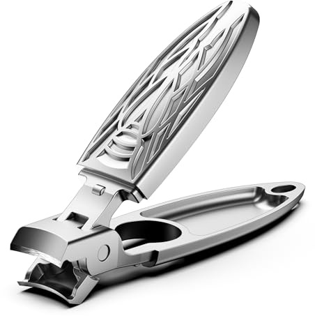 BEZOX Coupe-ongles avec récupérateur - Coupe-ongles à large ouverture avec forme bionique inspirée de la cigale - Coupe-ongles portable pour ongles épais - Avec housse de protection - Argent