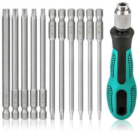 QIANCSJ Juego de 12 destornilladores Torx de 1/4 pulgadas, 100 mm, juego de puntas largas con mango, T6-T40 S2, juego de destornilladores de estrella magnéticos