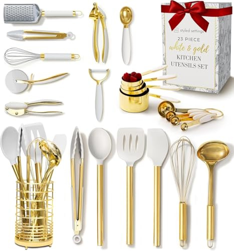 Set di utensili da cucina bianchi e dorati, 23 pezzi, include misurini e cucchiai, utensili in silicone e portautensili per cuocere, cucinare ed eleganti decorazioni da cucina