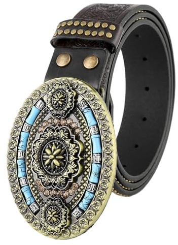OBASDFD Cintura In Pelle Con Borchie Western - Cowboy Cowgirl, Fibbia Turchese Intarsi, Motivo Floreale In Rilievo For Donna E Uomo, Larghezza 38 Mm(D,115cm/45)