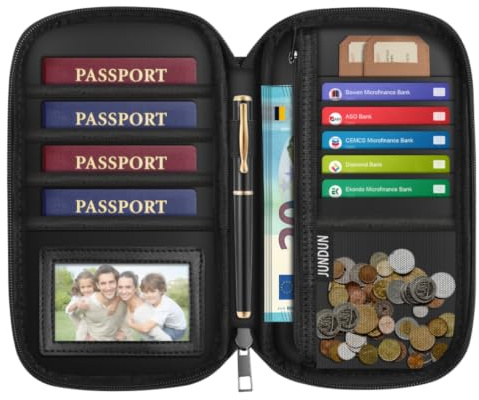 JUNDUN 2500℉ Fireproof Family Passport Holder Upgraded Material | RFID Blocking Fireproof Passport Wallet for 4,Travel Document Organizer Case with Zipper for Passport and Card