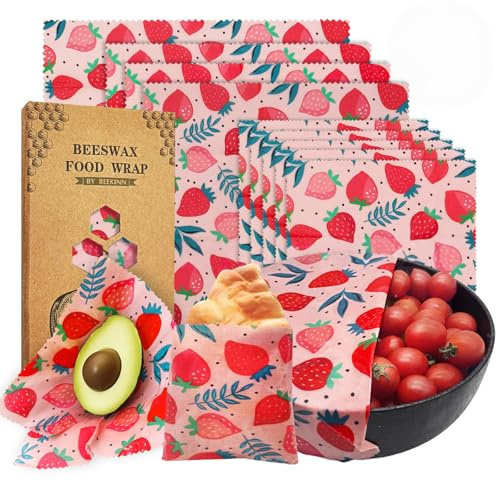 Rusokufo Set 9 Paños De Cera De Abeja Reutilizables, Algodón Orgánico (1L 3M 5S), Conservación De Alimentos Fácil Y Flexible, Uso para Frutas Pan Y Snacks, Diseño Fresa Funcional