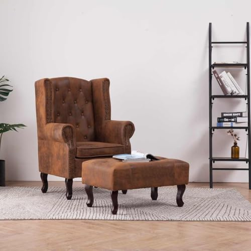 Cartvyn Sillón Chesterfield y reposapiés marrón imitación ante con marco de madera, 78 x 67 x 108 cm, cojín Relax Lounge silla con botón acolchado y reposabrazos para salón y oficina confort
