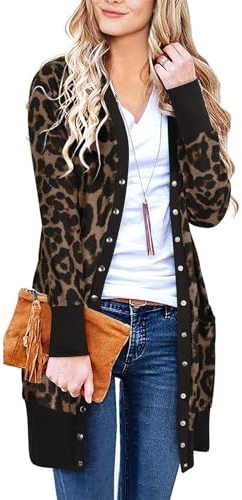 II ININ Women Cardigans for Women UK Leopard Print Ladies Long Cardigan Fall Lightweight Knit Cardigan Leopard01