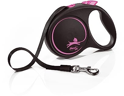 flexi® Black Design M | 5 m retractable tape leash for dogs up to 25 kg | Black/pink | Retractable dog lead | Weight: 240 g | Dimensions: 11.2 x 16.1 cm