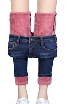 Lazutom – Jean d'hiver chaud et épais pour femme avec doublure en polaire, coupe mince et extensible, Bleu 1, 36
