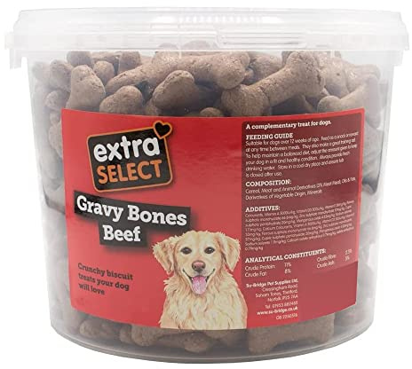 Extra Select Gravy Bones Beef Flavoured Dog Treat Biscuits in a 1ltr Bucket (approx 110 biscuits)