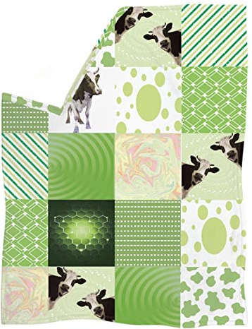 Hugs Idea, Manta de borrego con diseño patchwork con manchas de vaca, lunares, rayas, color verde, tamaño XL