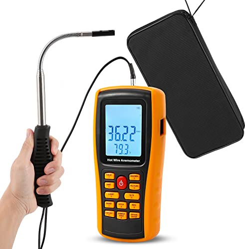 Bonvoisin Hotwire Anemometer Handheld CFM/CMM Air Flow Velocity Meter Wind Speed Gauges with Backlight LCD Display for HVAC in-Duct Airflow Air Velocity Temperature(Thermal Anemometer)