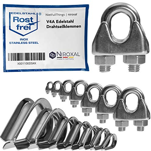 Pack of 2 rust-proof wire rope clamps, 6 mm, stainless steel, A4 U-bolt clamp, suitable for Ø 6 mm wire, in a set with matching thimble, steel cable, galvanised