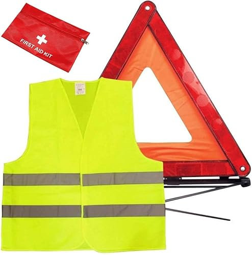 GRSTREE Car Mounted 3-Piece Emergency Car Kit, Equipped with High Brightness Warning Triangle, High Visibility Vest, First Aid Kit Storage Bag