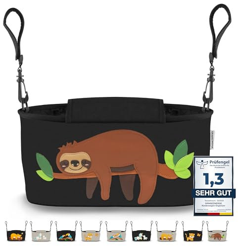 GRINSEZWERGE Kinderwagen Organizer 12 Motive mit Feuchttuchspender I Kinderwagen Tasche Schultergurt I Kinder Buggy Organizer I Kinderwagentasche Aufbewahrungstasche Baby Stroller Bag schwarz Faultier