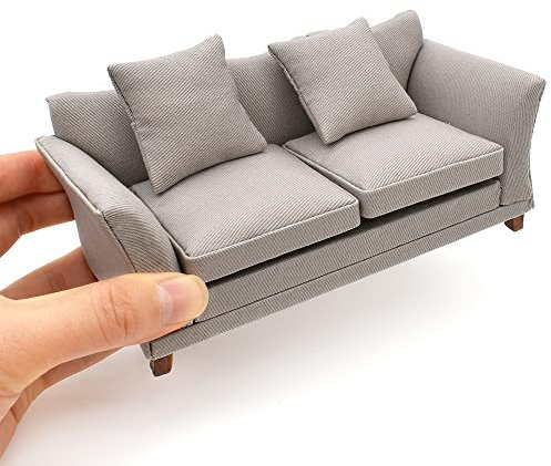 iLAND Puppenhaus Möbel im Maßstab 1/12, Puppenhaus Couch, Moderne Miniatur Möbel für das Puppenhaus Wohnzimmer (Khakifarbene Baumwolle)