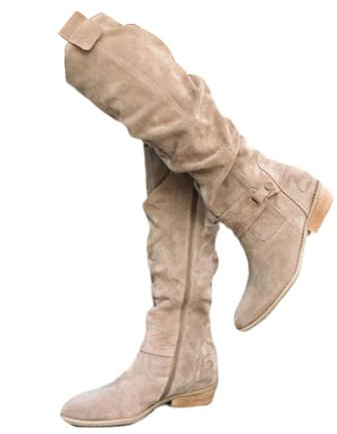 EGSDMNVSQ Bottes au Genou Femme Bottes Longues en Daim Bottes de Cowboy Chaudes Jusqu'aux Genoux Bottes D'hiver avec Fermeture éclair Bottes à Talons Carrés avec Bottes Western à Talons Bas