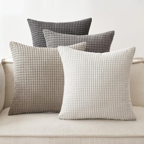 EMEMA Kordsamt Kissenbezug 4er Set Dekokissen Granulat Sofakissen Dekorative Kissenbezüge Couchkissen Kissenhülle Weich Kissen Bezug Zierkissen für Sofa Couch Wohnzimmer 45x45 cm Grau Serie