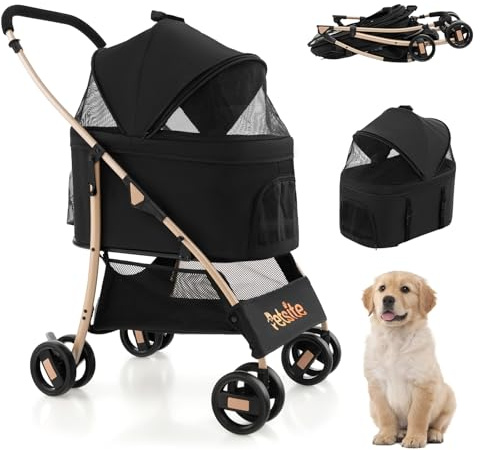 GOPLUS 3 en 1 Poussette pour Chien Chat, Poussette Pliable, Siège de Voiture Amovible, Auvent Réglable, Entrée en Maille Zippée, Panier de Rangement, pour Petits/Moyens Chiens Chats(Noir)