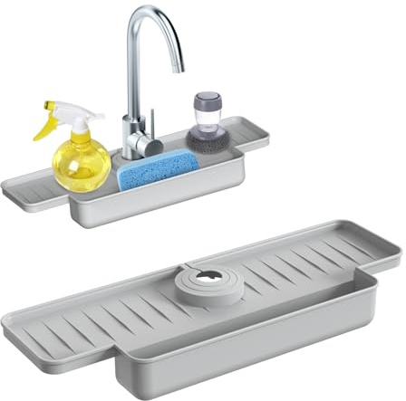 Stänkskydd för diskho, diskbänk med svamphållare minimalistisk silikon kranskydd och dräneringsmatta snabbtorkande mångsidig diskbänk stänkskydd för kök badrum husbilar, grå