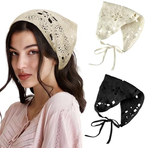 GWAWG 2PCS Crochet Hair Bandana,black and white Vintage Knotted Headscarf,Knitted Head Kerchief,Vintage Floral Hair Scarf,Cute Knitted Hair Scarves for Women Girls