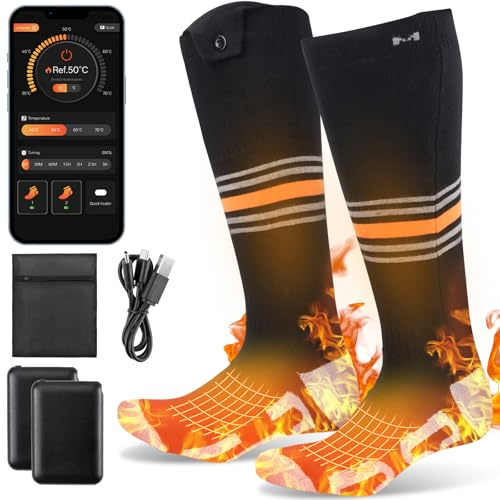 Calcetines Calefactables Recargables con 2 Baterías 5000mAh, 4 Niveles de Calefacción Calcetines Térmicos Eléctricos Cable USB, Lavable Calentador Pies para Esquí, Senderismo, Camping
