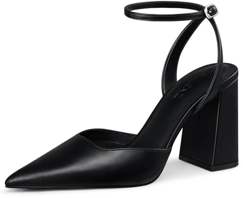CELLENZ Women Chunky Heel Pumps: Comfortable Block Dress Shoes - Black Strappy Sexy Heels - Closed Toe Formal Event High Heels Size 9